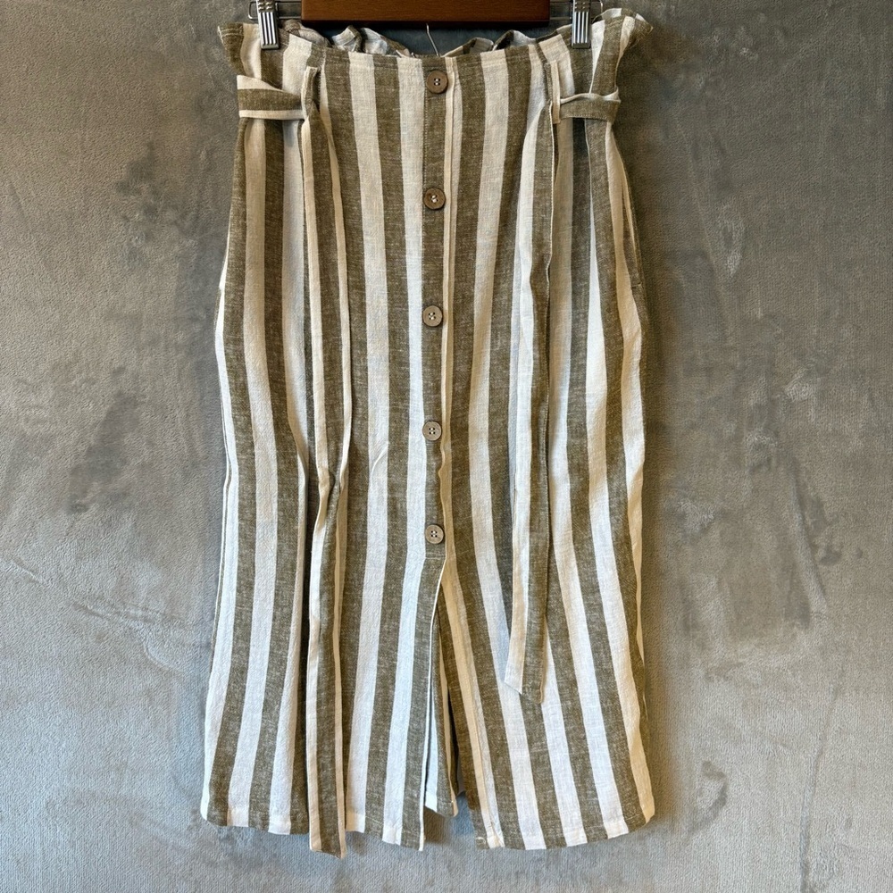 Linen Striped Ruched Back Belted Coastal Skirt Wmn’s M - Picture 2 of 9